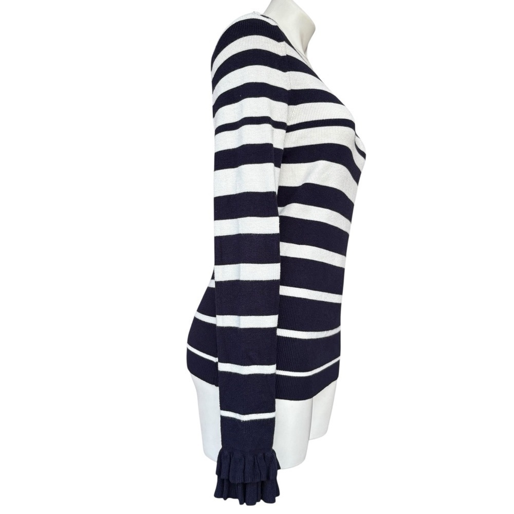 White House Black Market Navy White Stripe Ruffle Cuff Sweater Medium - Picture 2 of 9